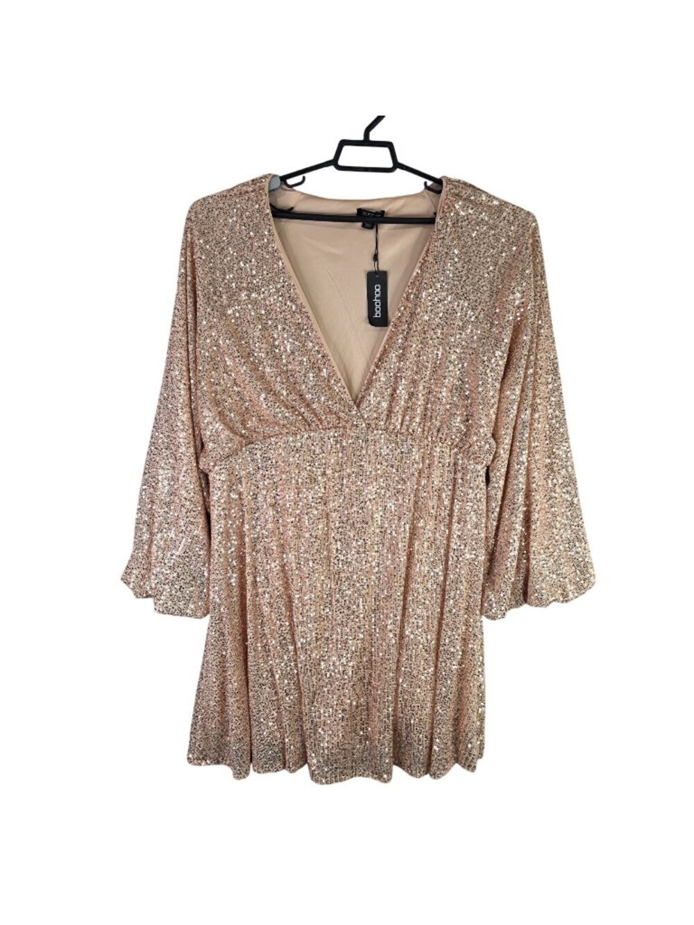 Womens Boohoo Rose Gold Sequin Mini Dress Flared Sleeves V-Neck Plus Size 18